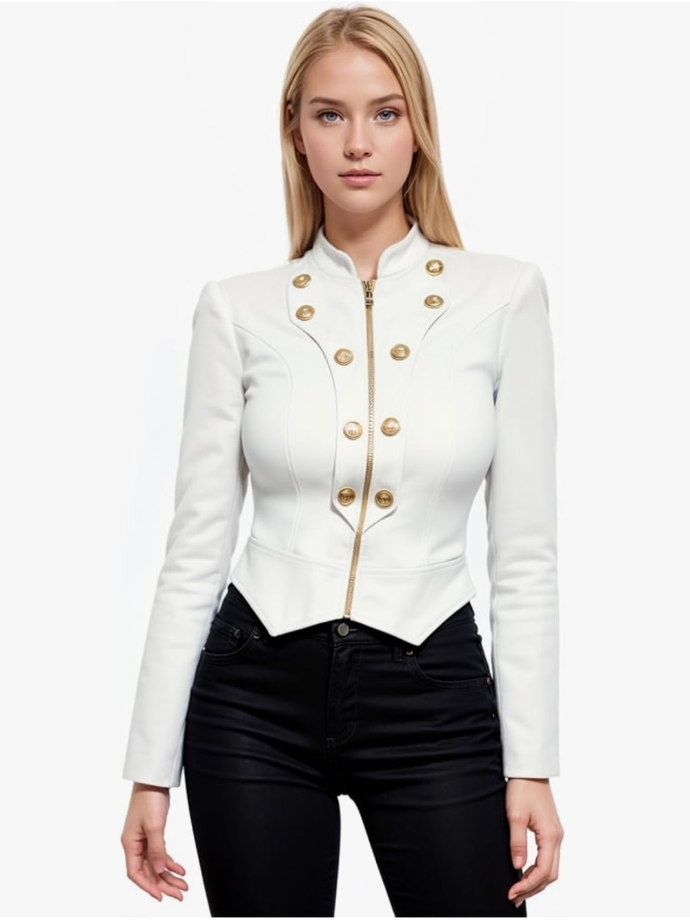 Hybrid & Company White Military Crop Blazer Gold Button Zip Jacket 2X